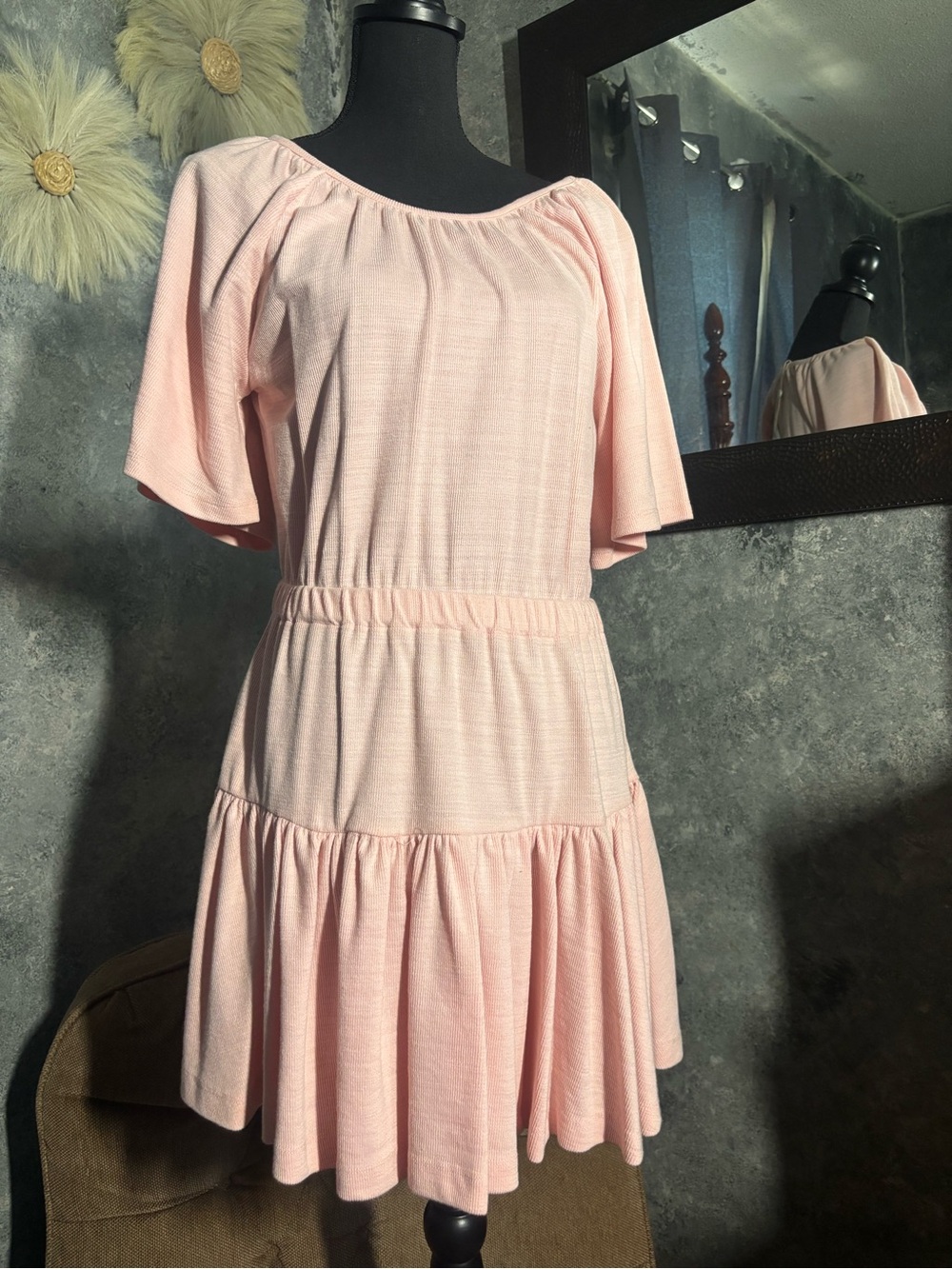 Light Pink Tiered Mini Dress with Flutter Sleeves - Picture 1 of 11